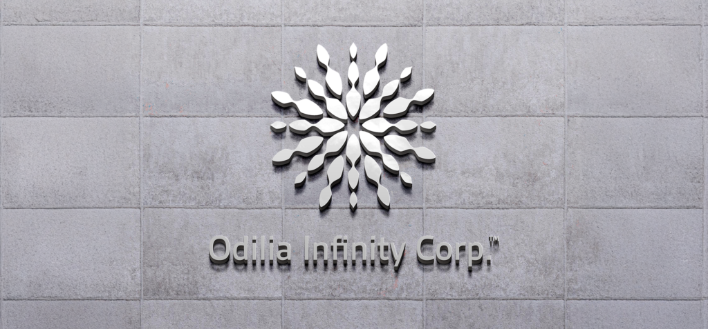 Odilia Infinity Corp. logo signage on stone cladding