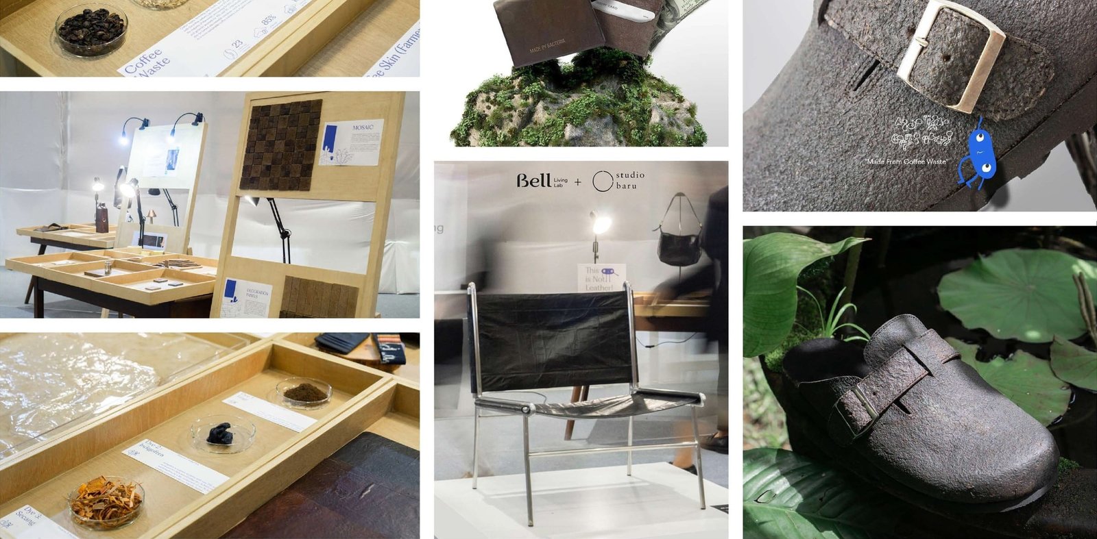 Bell Living Lab exhibition with bio-leather samples and products