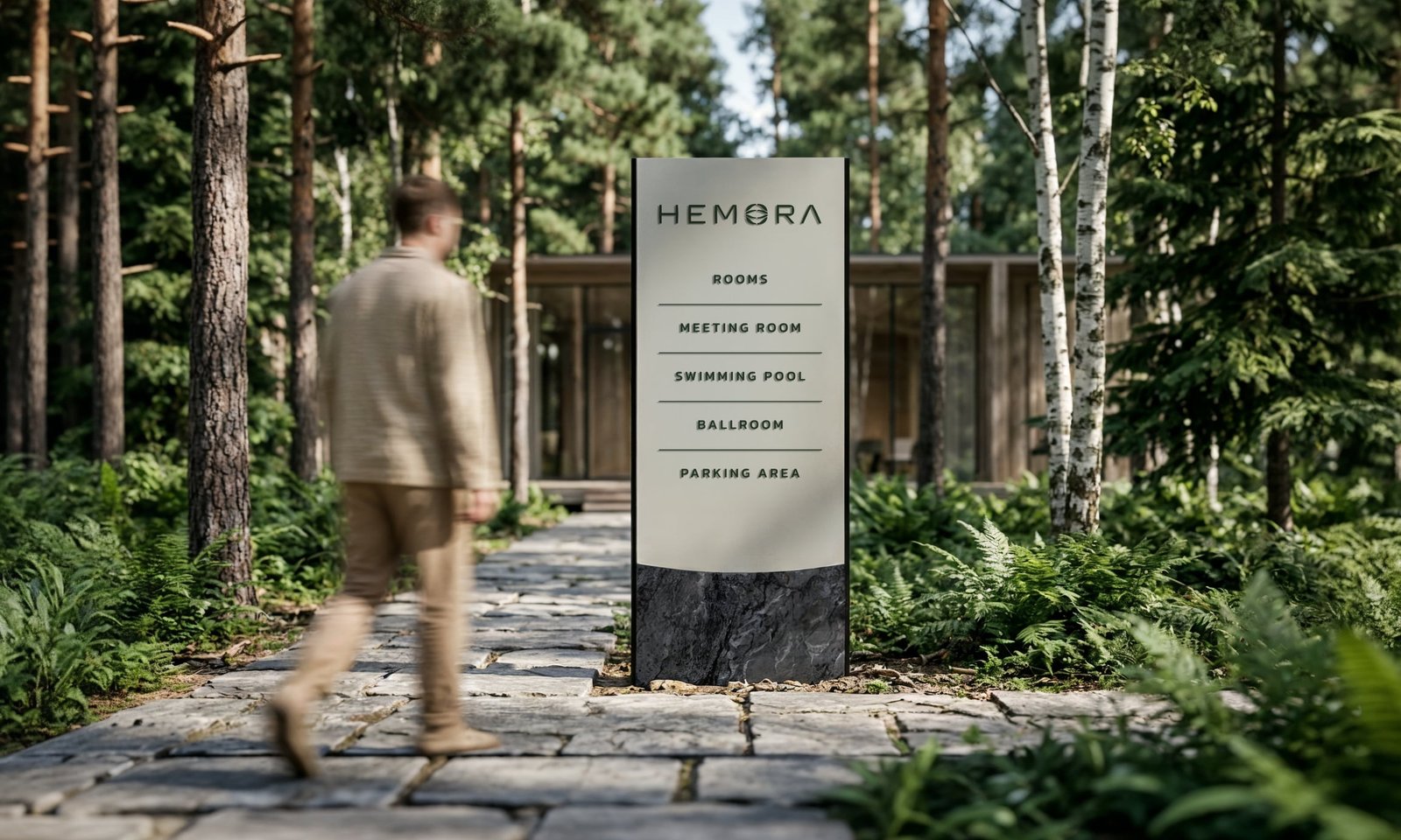 Hemora wayfinding sign on a forest path
