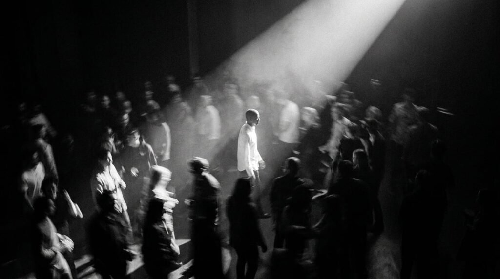 Crowd moving through a shaft of light with one figure in focus