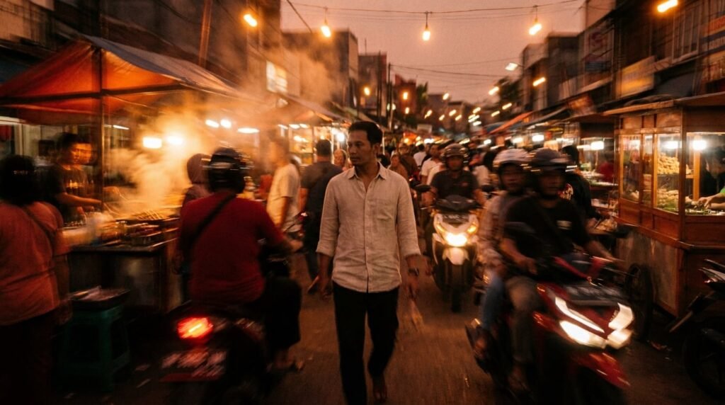 Busy Indonesian evening street market with motorbikes and food stalls