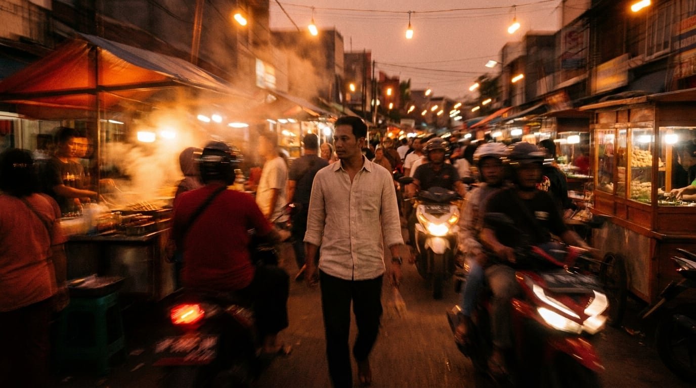 Busy Indonesian evening street market with motorbikes and food stalls