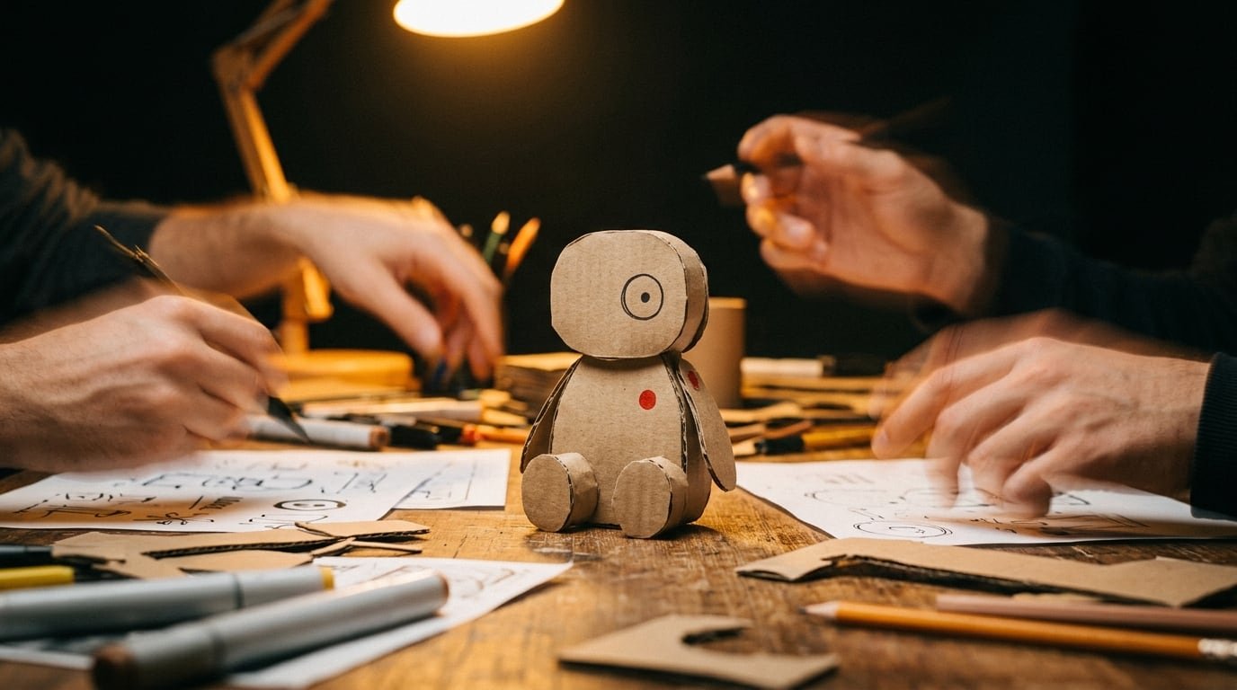 Original cardboard character with one eye and a red dot on a desk surrounded by designers sketching