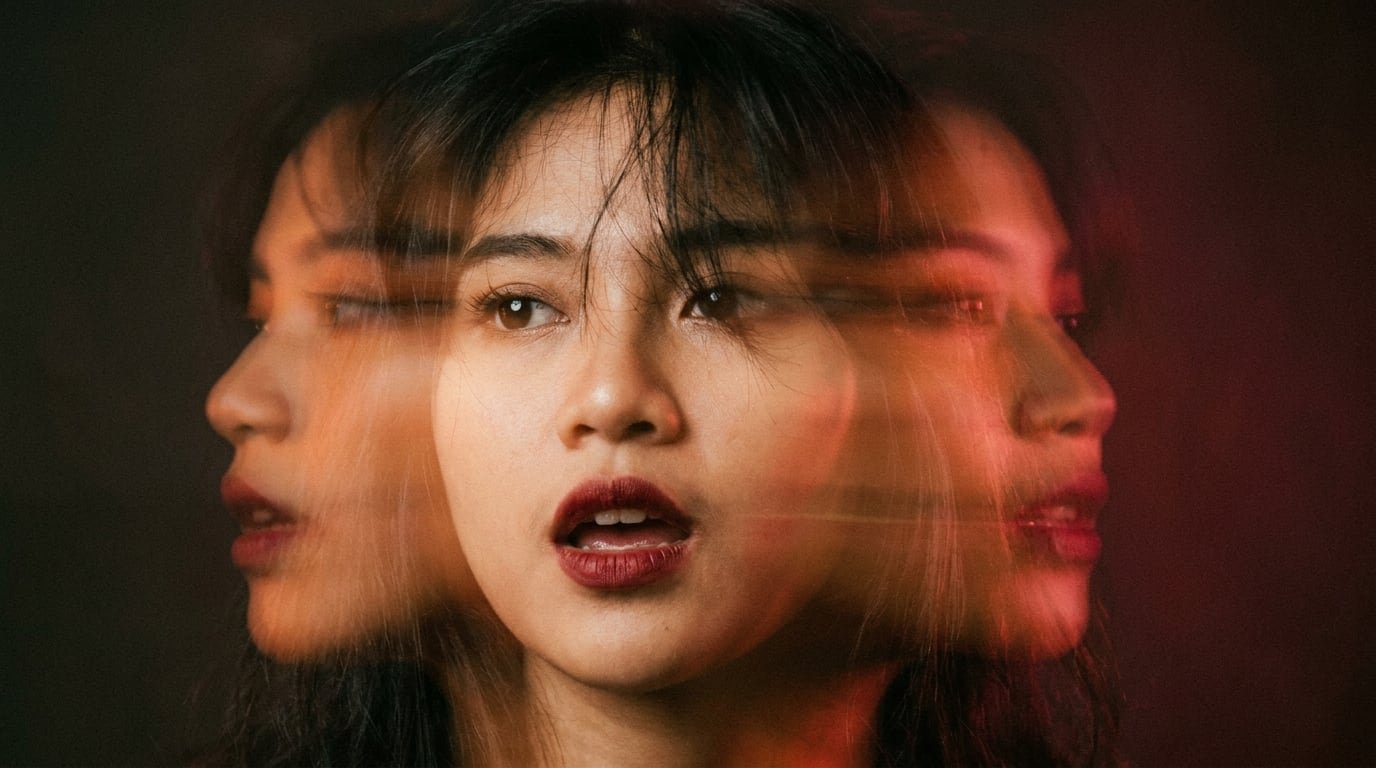 Portrait of a woman speaking, her face echoed by motion blur