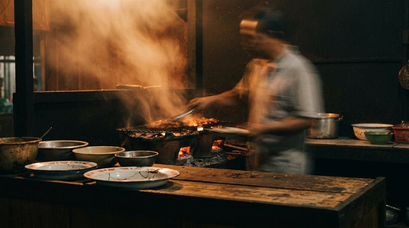Cook grilling over charcoal in a traditional eatery kitchen