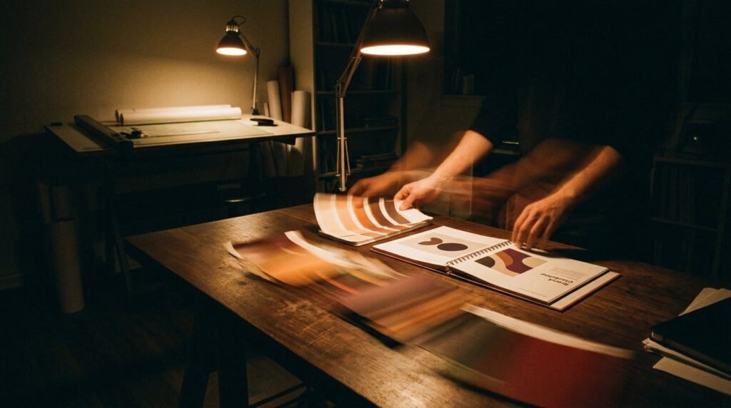 Designer's hands sliding colour swatches and a brand guideline book across a studio table