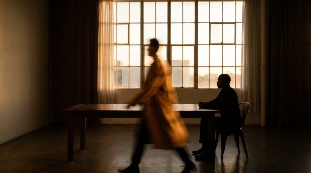 Person walking past a seated figure at a long table by a studio window