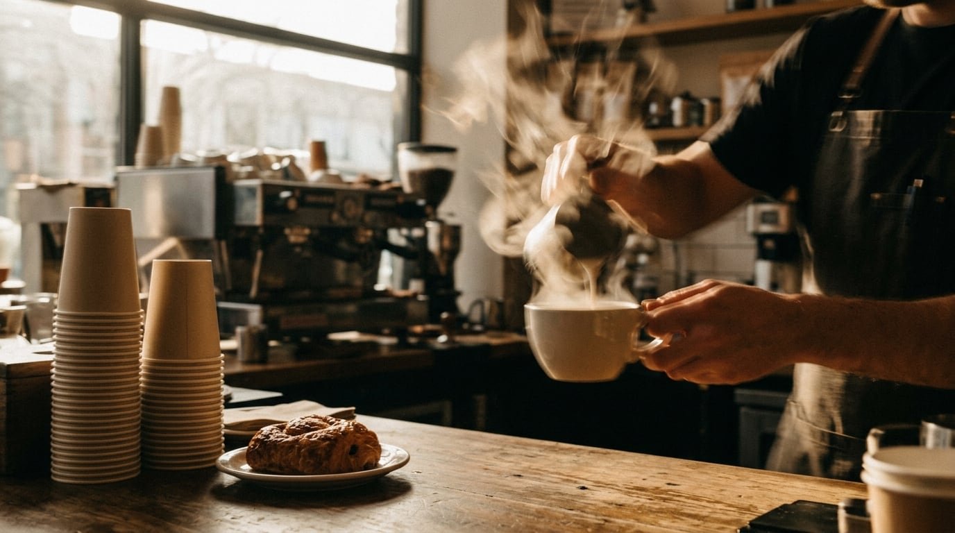 Barista handing over a cup of coffee at a cafe counter