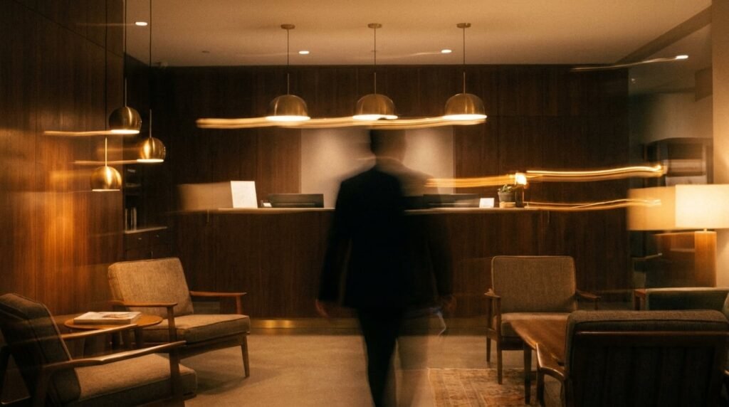 Guest walking through a warm hotel lobby