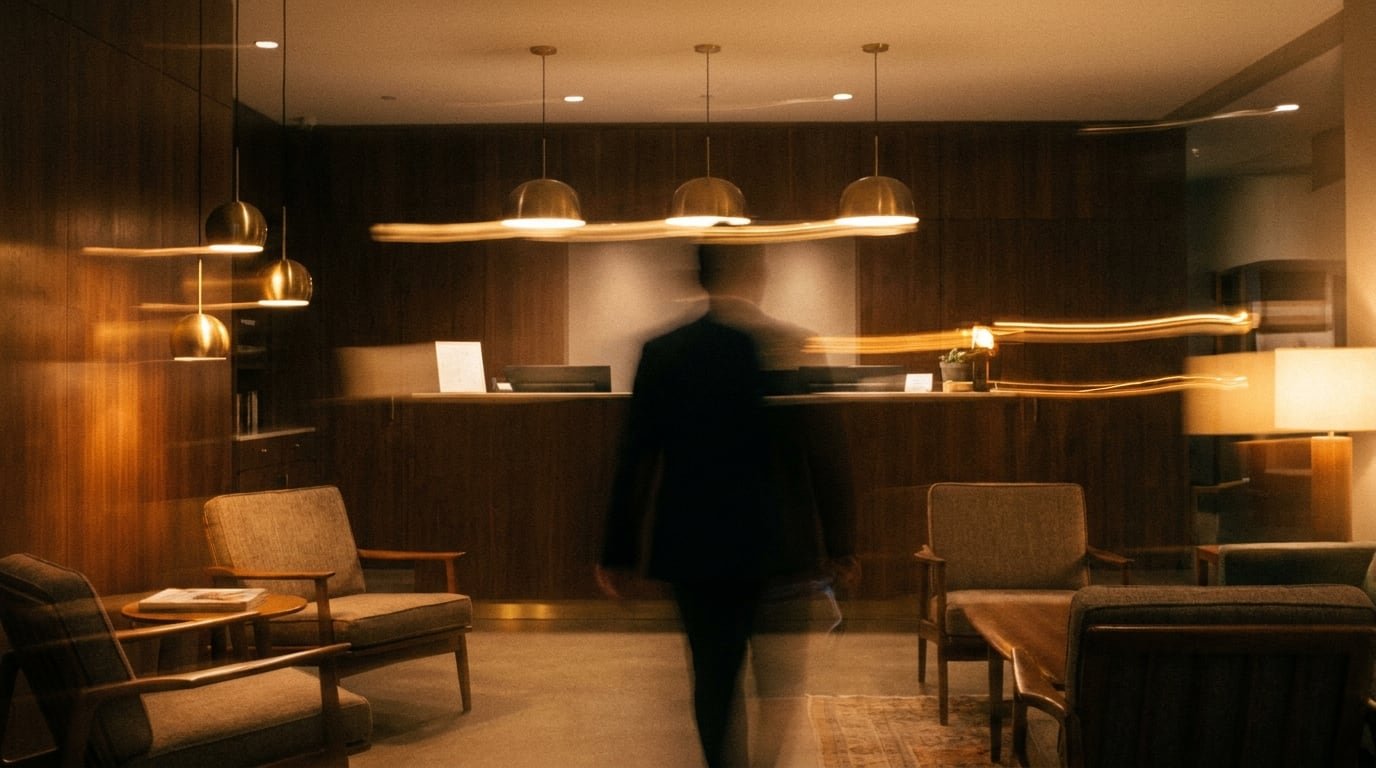Guest walking through a warm hotel lobby
