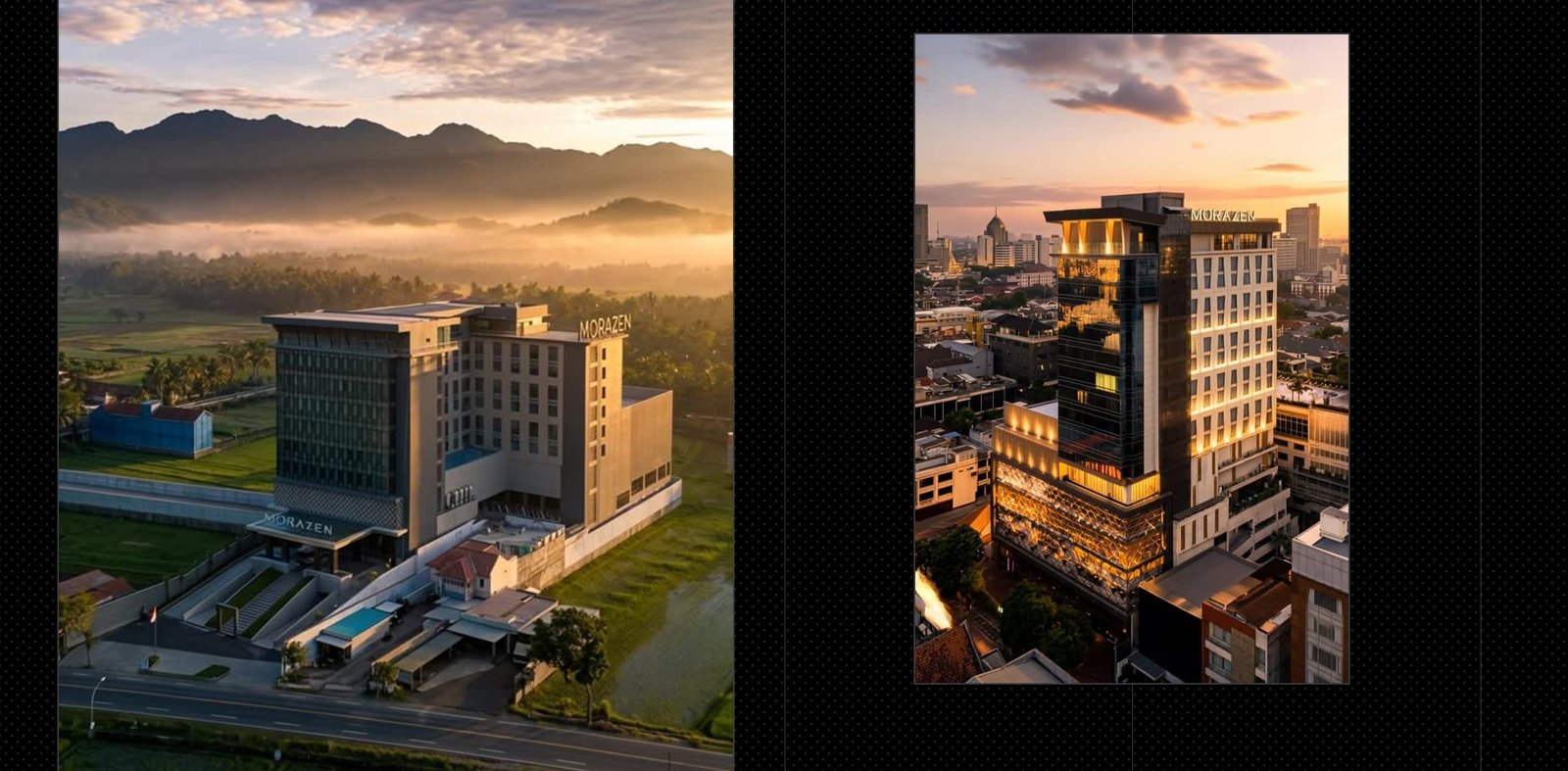 Morazen hotel buildings at sunrise