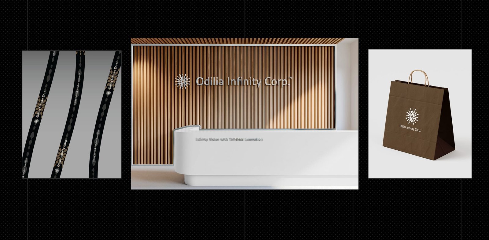 Odilia Infinity Corp. reception desk, ribbon and shopping bag