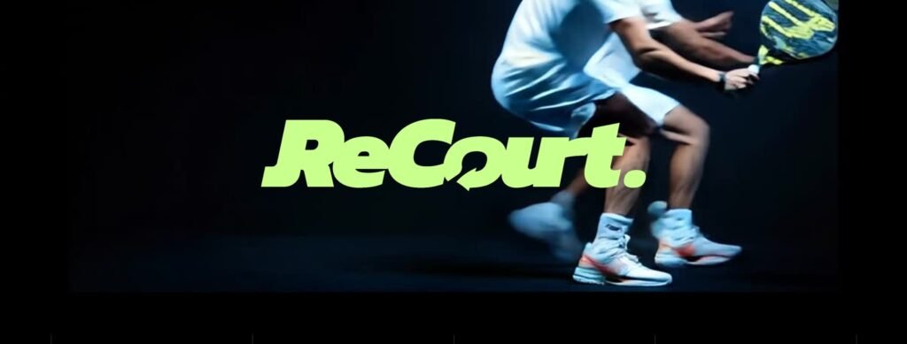Padel player in motion behind the Recourt wordmark